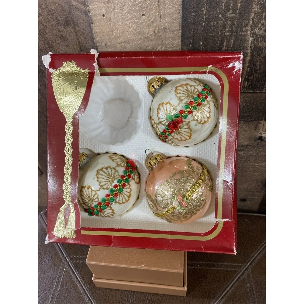 Vintage Victoria Collection Glass‎ Christmas Ornaments - Set of 3 - HEAVY WEAR